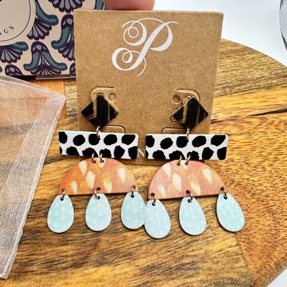 Plunder Enoch Earrings Leopard Print & Blue Teardrops Boho Chic Jewelry Hippie - Picture 2 of 4